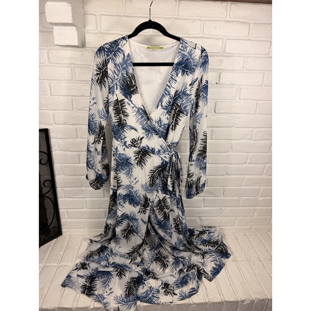 Gianni Bini Women's S Blue Palm Print Wrap Maxi Dress Ruffle High Low Resort